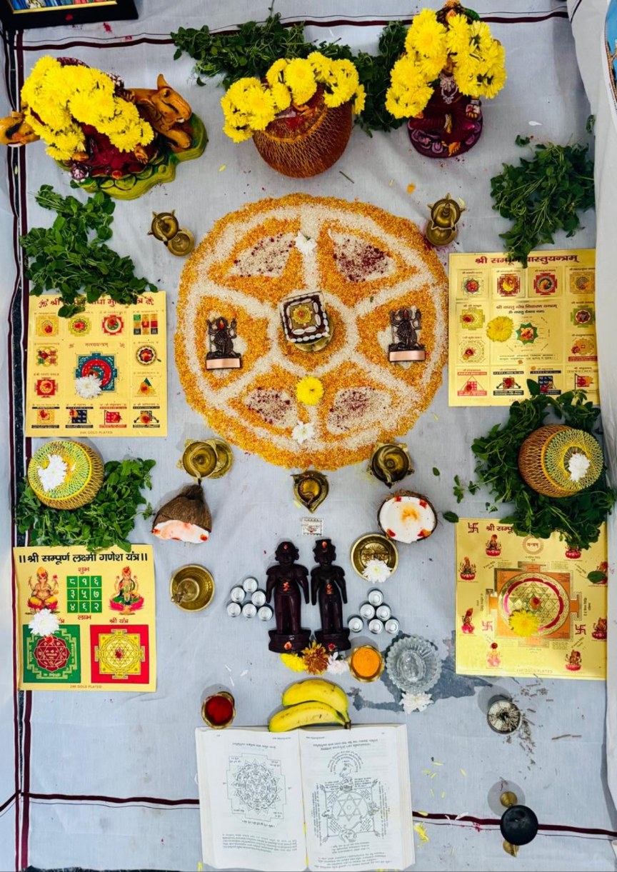 Traditional Vedic charts, lamps and ceremonial arrangement