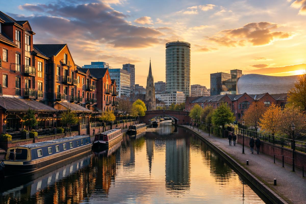 Birmingham canal and city skyline in evening light