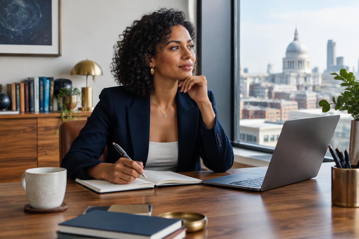 Professional considering career decisions at a modern desk