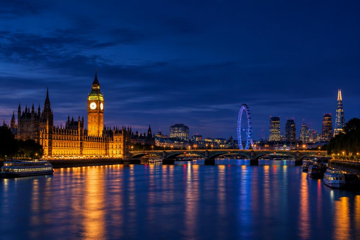 London skyline across the River Thames at blue hour