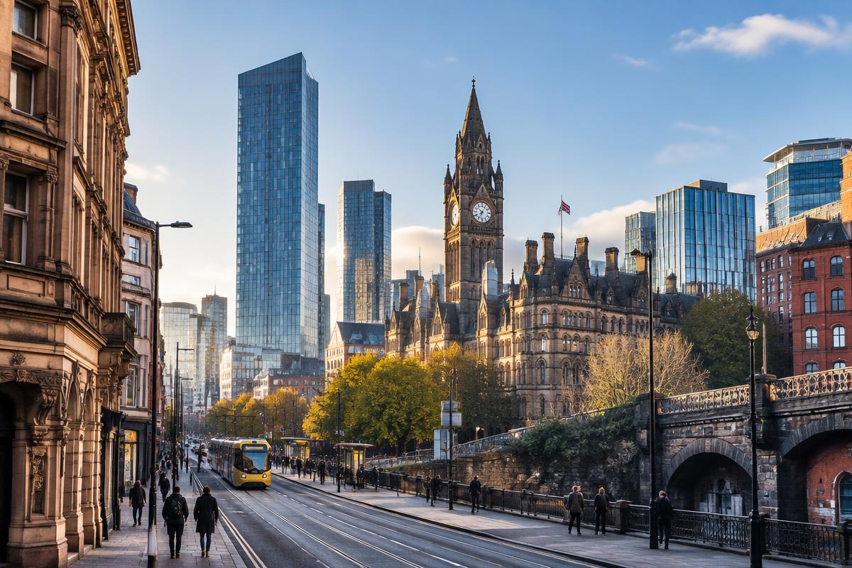 Manchester city centre architecture in morning light