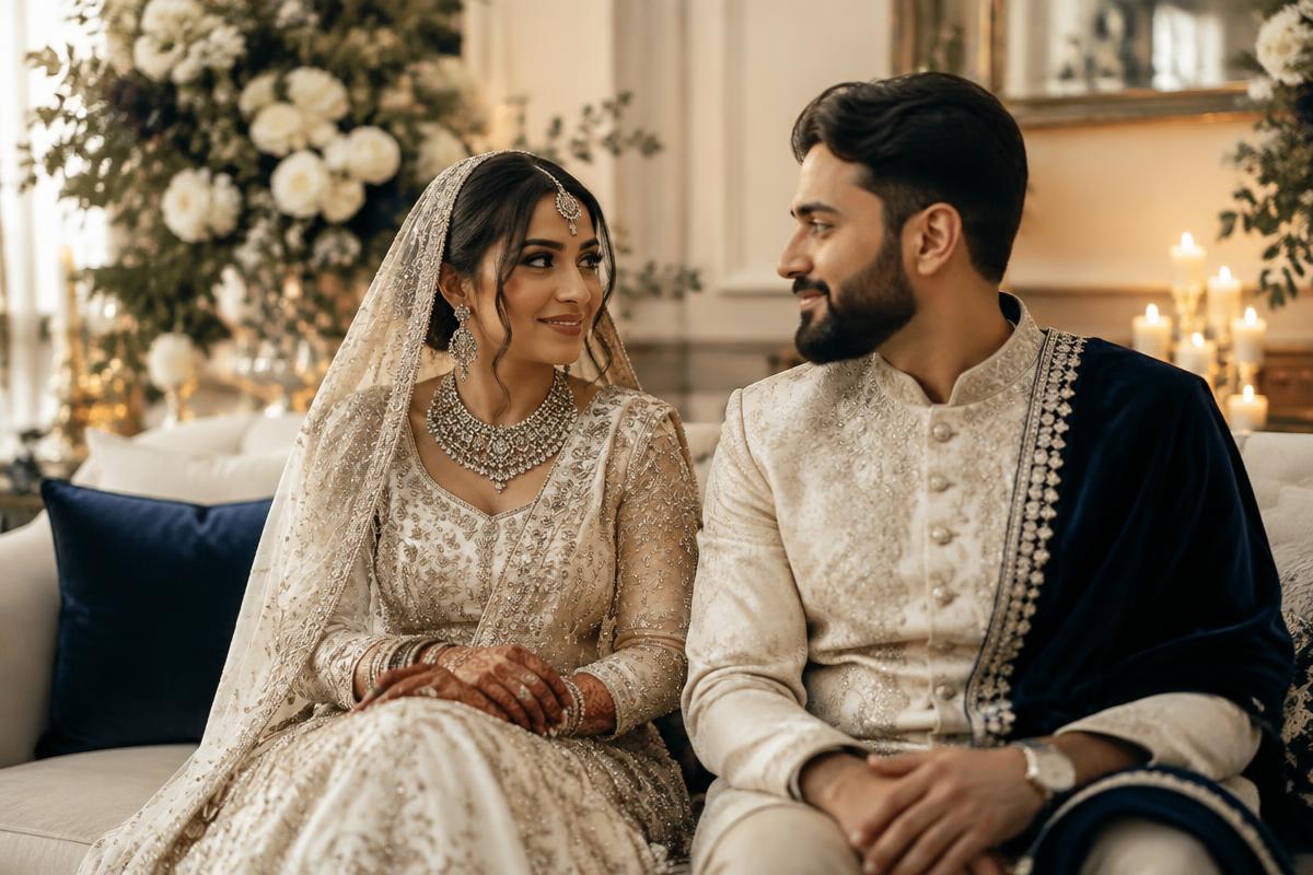 Adult British Asian wedding couple seated together