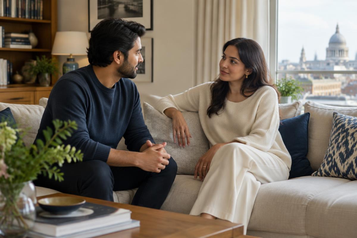 Adult couple having a thoughtful conversation in a bright London home